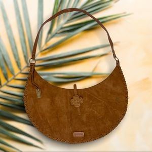 Guess Genuine Caramel Brown Leather Stitch Suede Hobo Shoulder Bag Clover Flower